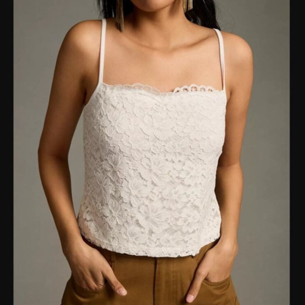 Blue Tassel Anthropologie White Floral Eyelet Lace Lined Cami Size XL